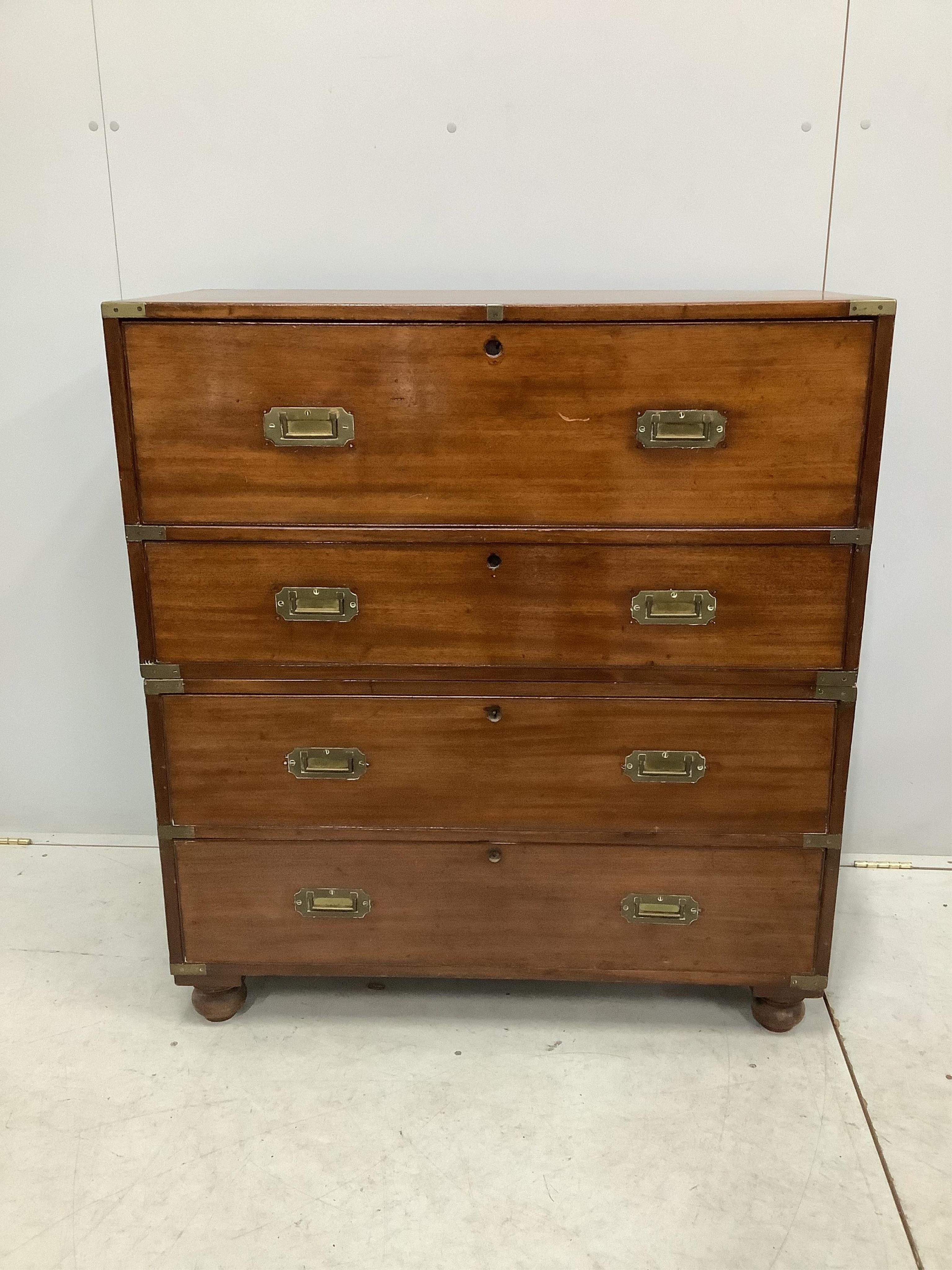 A Victorian brass mounted mahogany two part secretaire military chest with later pigeonhole interior, width 98cm, depth 47cm, height 109cm. Condition - fair, lacking all escutcheons